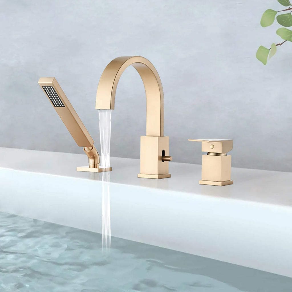 FLUNIX Brushed Gold Waterfall Roman Tub Faucet Set filling bathtub with running water.