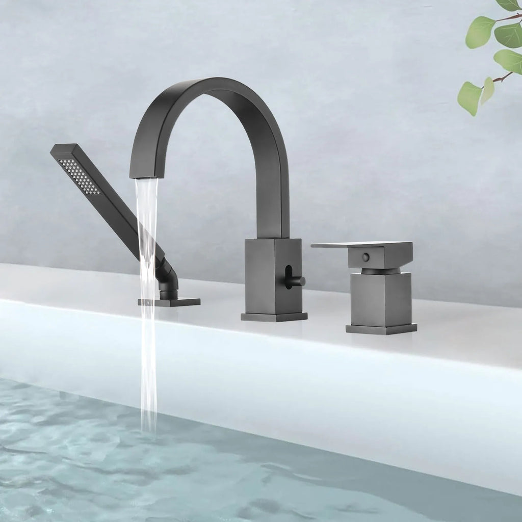 FLUNIX Matte Black Waterfall Roman Tub Faucet Set filling bathtub with running water.