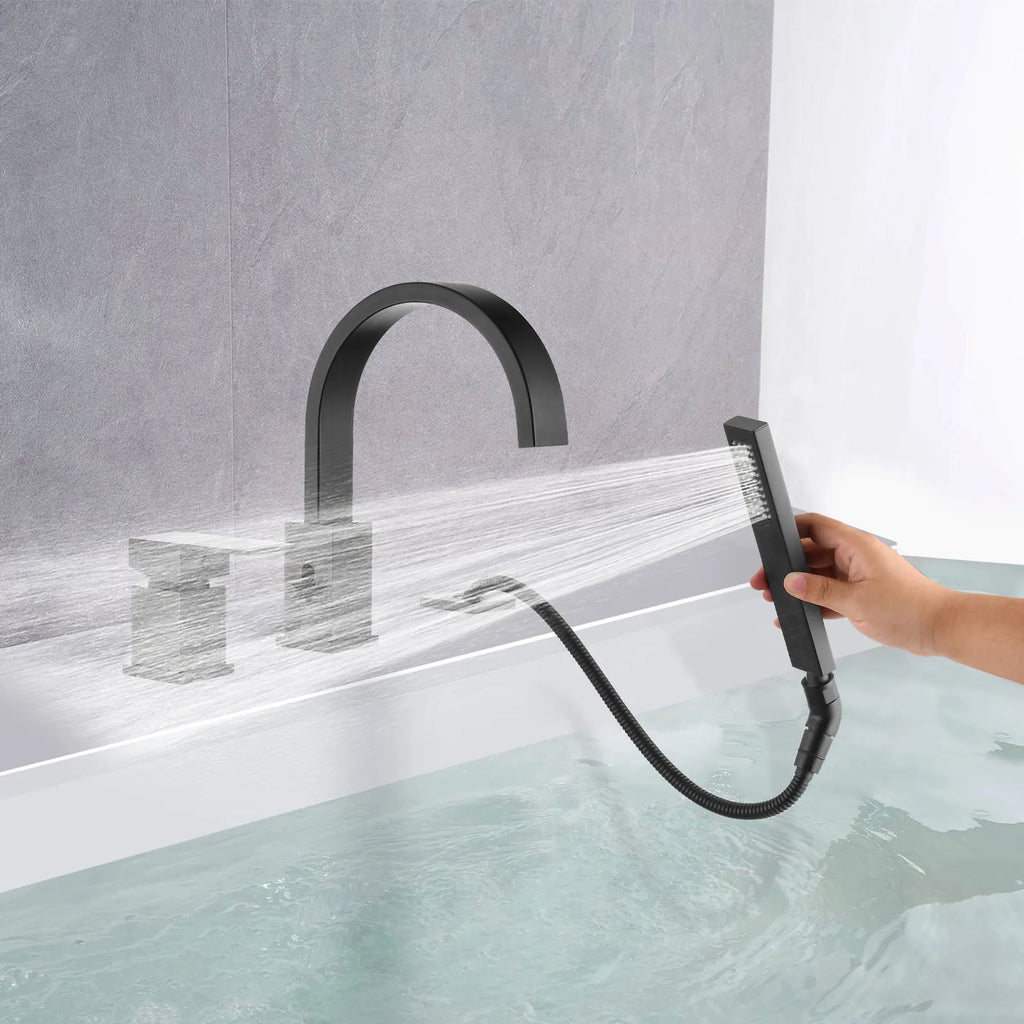 FLUNIX Matte Black Waterfall Roman Tub Faucet Set with handheld shower in use, flexible hose and single lever handle on bathtub.