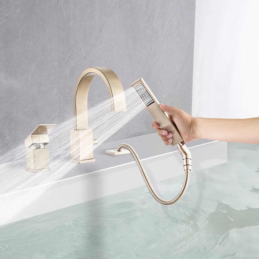 FLUNIX Brushed Gold Waterfall Roman Tub Faucet Set with handheld shower in use.