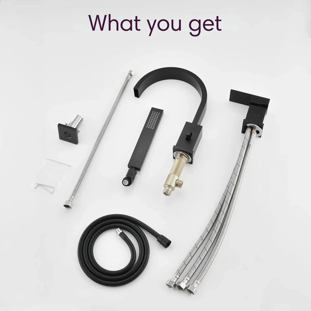 Complete package of FLUNIX Matte Black Waterfall Roman Tub Faucet Set including spout, handheld shower, hoses, and installation parts.