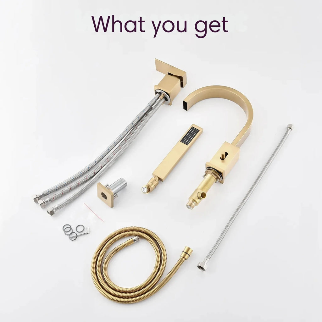 Complete package of FLUNIX Brushed Gold Waterfall Roman Tub Faucet Set including spout, handheld shower, hoses, and installation parts.